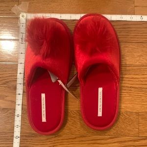 Brand new, cute, red velvety fluffy, puff ball detail slip on slippers